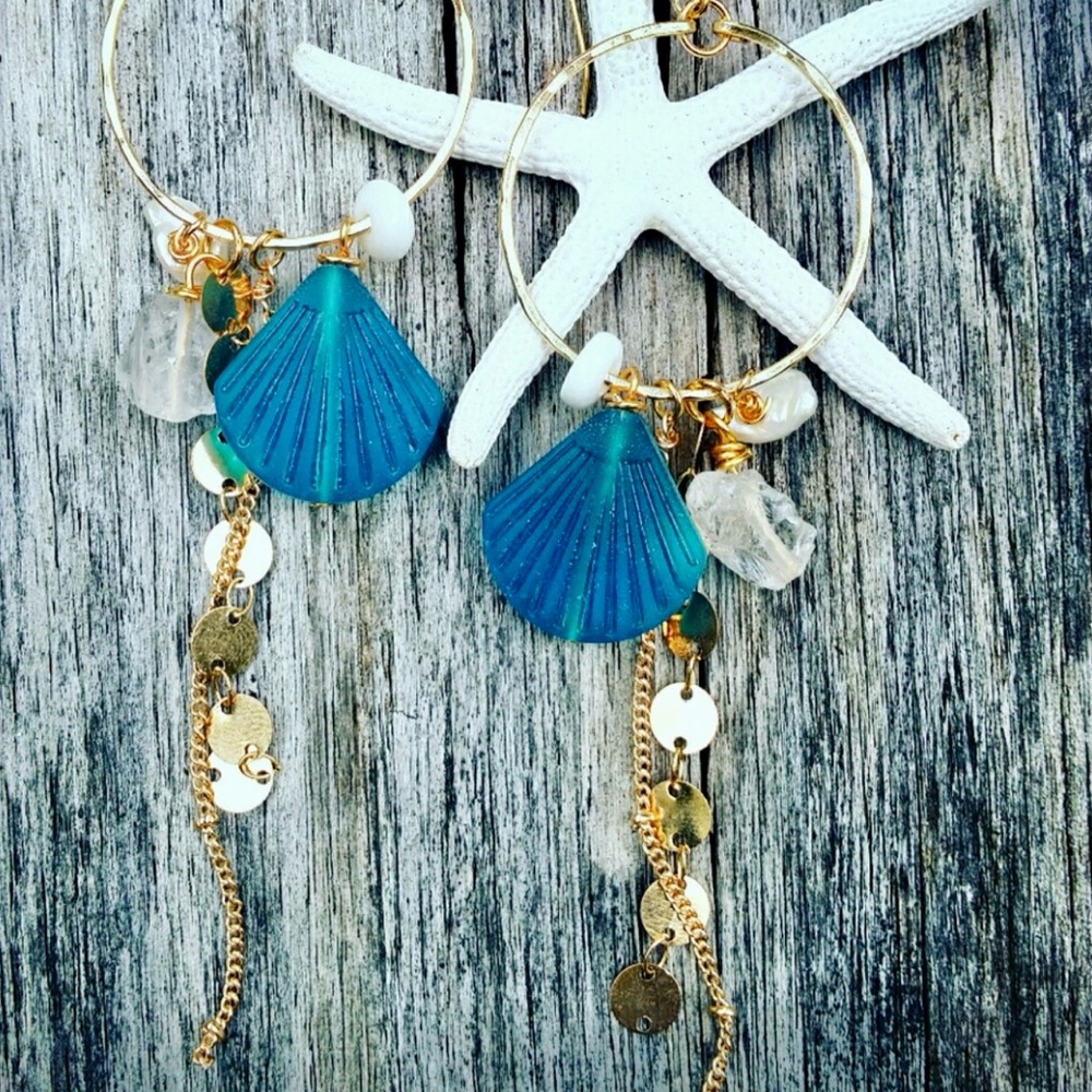 GP Teal Shell Sea Glass Earrings